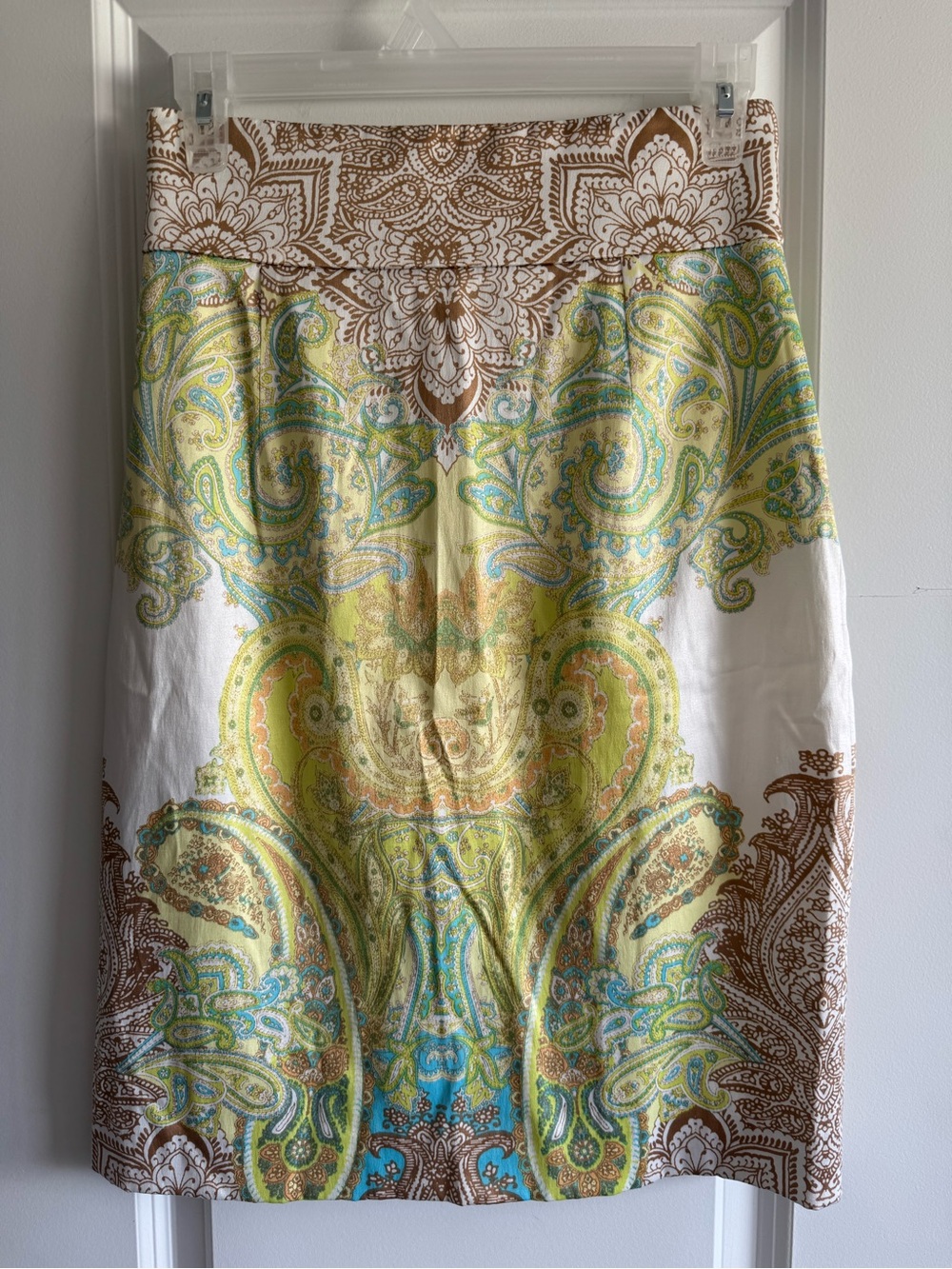 ANTONIO MELANI Yellow, Teal & Brown Paisley Pencil Skirt